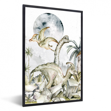 Poster met lijst - Dinosaurus - Kinderen - Jungle - Groen - Dieren - Natuur - Staand-thumbnail-1