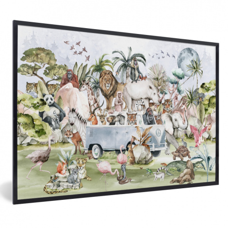 Poster mit Rahmen - Dschungel - Bus - Tiere - Kinder - Pflanzen - Horizontal