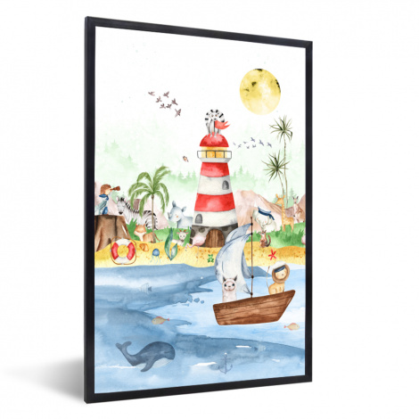 Poster mit Rahmen - Strand - Tiere - Kinder - Leuchtturm - Vertikal-thumbnail-1