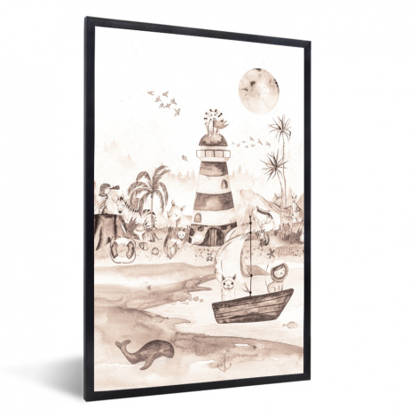 Poster mit Rahmen - Strand - Kinder - Leuchtturm - Alpaka - Meer - Tiere - Vertikal-thumbnail-1