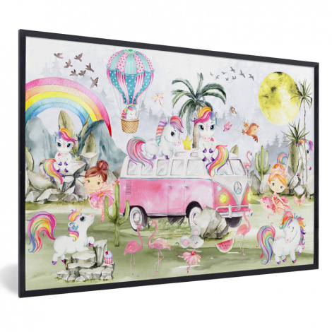 Poster met lijst - Unicorn - Regenboog - Kinderen - Meiden - Auto - Liggend