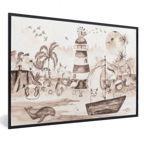 Poster mit Rahmen - Strand - Kinder - Leuchtturm - Alpaka - Meer - Tiere - Horizontal