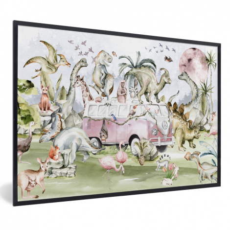 Poster met lijst - Dinosaurus - Kinderen - Bus - Bomen - Dieren - Liggend-1