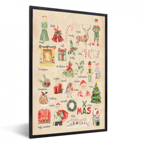 Poster met lijst - Alfabet - Kerst - Christmas - Educatief - Retro - Kind - Kinderen - Staand