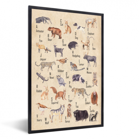 Poster mit Rahmen - Alphabet - Tiere - Hund - Katze - Lehrreich - Retro - Vertikal