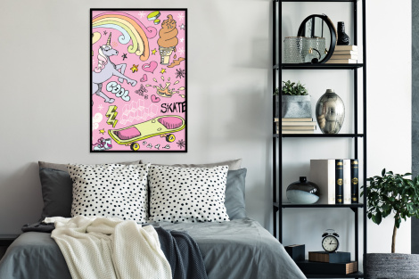 Poster met lijst - Meisjes - Design - Unicorn - Regenboog - Roze - Staand-4