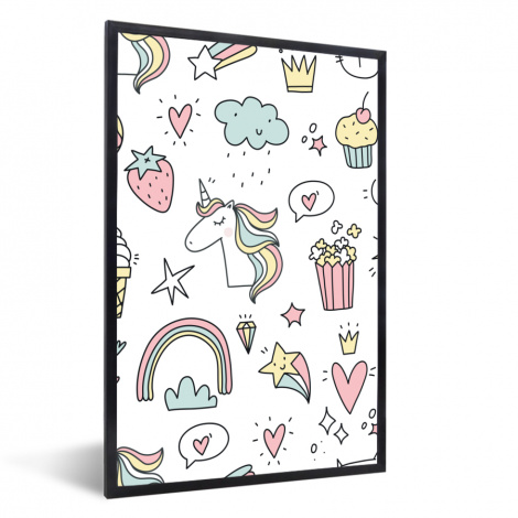 Poster mit Rahmen - Muster - Einhorn - Kinder - Mädchen - Regenbogen - Pastell - Vertikal