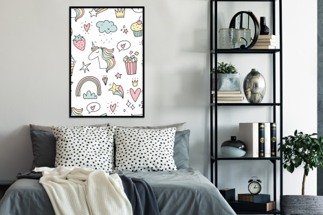 Poster met lijst - Patronen - Eenhoorn - Kinderen - Meisjes - Regenboog - Pastel - Staand-4