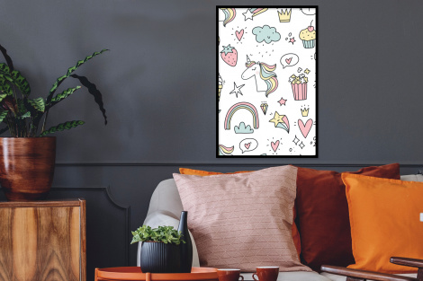 Poster met lijst - Patronen - Eenhoorn - Kinderen - Meisjes - Regenboog - Pastel - Staand-2
