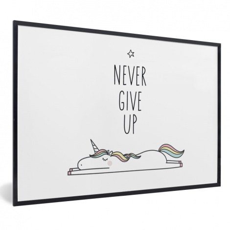 Poster met lijst - Unicorn - Kinderen - Quotes - Never give up - Meisjes - Liggend-1
