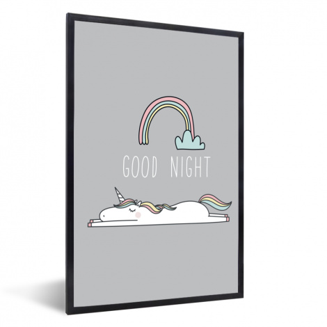Poster mit Rahmen - Einhorn - Regenbogen - Kinder - Zitate - Gute Nacht - Mädchen - Vertikal