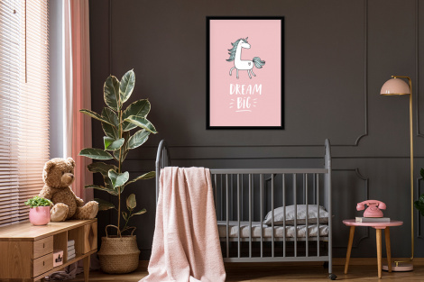 Poster met lijst - Eenhoorn - Kinderen - Quotes - Dream big - Meisjes - Roze - Staand-3