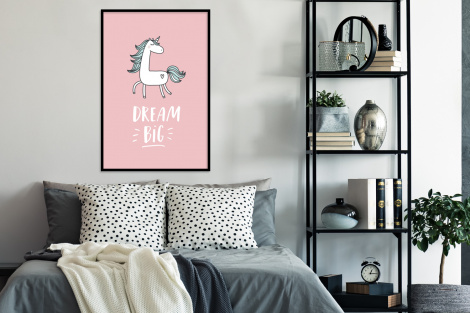 Poster met lijst - Eenhoorn - Kinderen - Quotes - Dream big - Meisjes - Roze - Staand-4