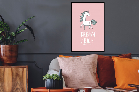 Poster met lijst - Eenhoorn - Kinderen - Quotes - Dream big - Meisjes - Roze - Staand-2
