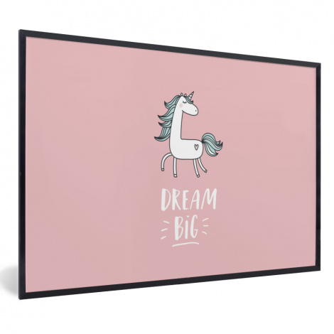 Poster met lijst - Eenhoorn - Kinderen - Quotes - Dream big - Meisjes - Roze - Liggend