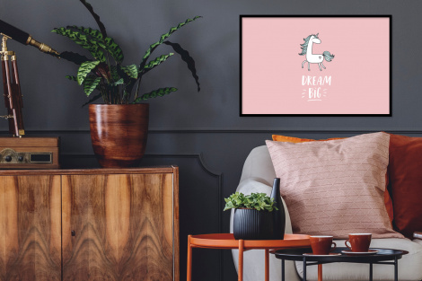 Poster met lijst - Eenhoorn - Kinderen - Quotes - Dream big - Meisjes - Roze - Liggend-2