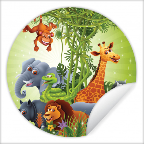 Behangcirkel - Jungle dieren - Planten - Kinderen - Olifant - Giraf - Leeuw-1
