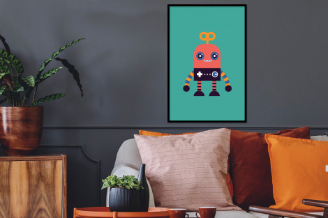 Poster met lijst - Robot - Speelgoed - Gezicht - Roze - Staand-2