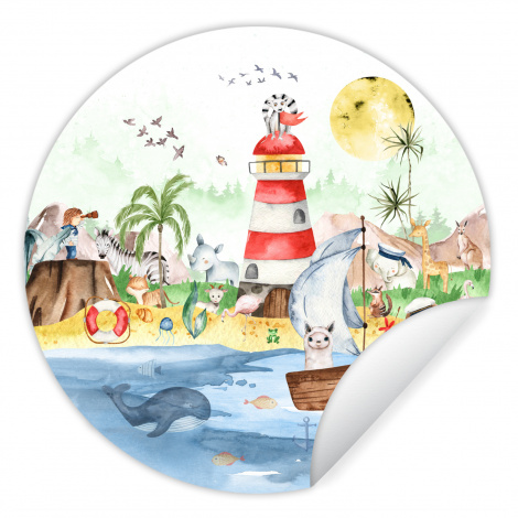 Runde Tapete - Strand - Tiere - Kinder - Leuchtturm-1