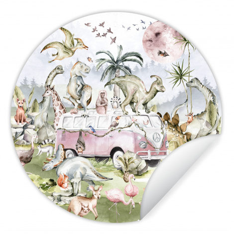 Runde Tapete - Dinosaurier - Kinder - Bus - Bäume - Tiere-1