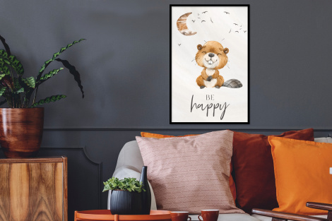Poster mit Rahmen - Zitate - Glücklich sein - Kinder - Mond - Biber - Aquarell - Vertikal-thumbnail-2