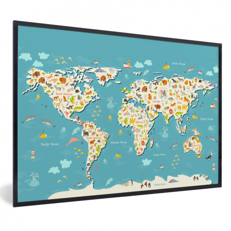 Poster mit Rahmen - Weltkarte - Kinder - Tiere - Kinder - Jungen - Mädchen - Horizontal