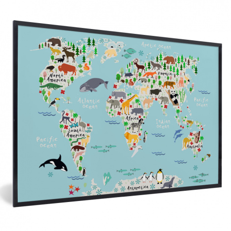 Poster mit Rahmen - Weltkarte - Kinder - Tiere - Blau - Orca - Wal - Horizontal-1