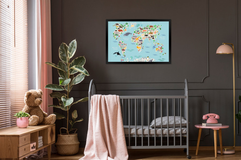 Poster mit Rahmen - Weltkarte - Kinder - Tiere - Blau - Orca - Wal - Horizontal-3