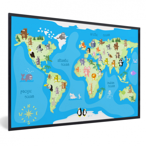 Poster met lijst - Wereldkaart - Kind - Dieren - Blauw - Jongens - Meisjes - Liggend-1