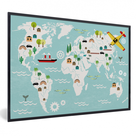 Poster mit Rahmen - Weltkarte - Kinder - Flugzeug - Boot - Jungen - Mädchen - Horizontal