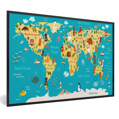 Poster mit Rahmen - Weltkarte - Kinder - Tiere - Gelb - Blau - Jungen - Mädchen - Horizontal-1
