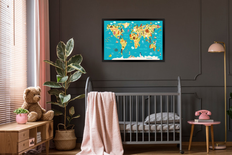 Poster mit Rahmen - Weltkarte - Kinder - Tiere - Gelb - Blau - Jungen - Mädchen - Horizontal-thumbnail-3