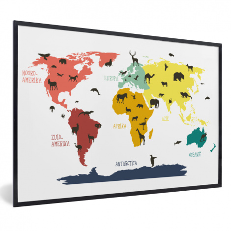 Poster met lijst - Wereldkaart - Kinderen - Dieren - Roze - Oranje - Jongens - Meiden - Liggend