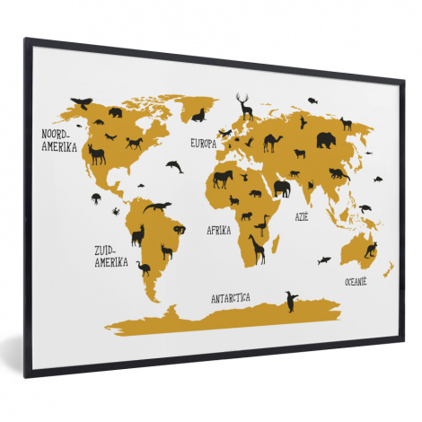 Poster mit Rahmen - Weltkarte - Kinder - Gold - Tiere - Kind - Horizontal-1