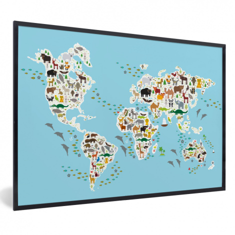 Poster met lijst - Wereldkaart - Kinderen - Dieren - Blauw - Jongens - Meisjes - Liggend-1