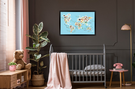 Poster mit Rahmen - Weltkarte - Kinder - Tiere - Blau - Jungen - Mädchen - Horizontal-thumbnail-3