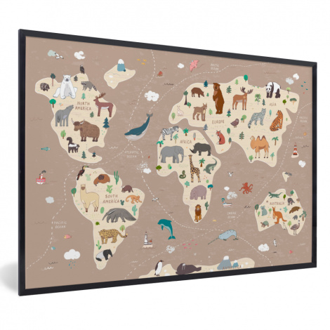 Poster mit Rahmen - Weltkarte Kinder - Tiere - Braun - Jungen - Mädchen - Horizontal-thumbnail-1
