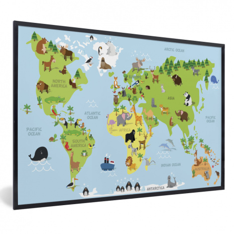 Poster mit Rahmen - Weltkarte - Kinder - Tiere - Blau - Grün - Horizontal-1