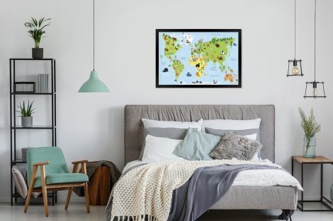 Poster mit Rahmen - Weltkarte - Kinder - Tiere - Blau - Grün - Horizontal-4