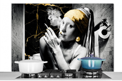 Spritzschutz Küche - Marmoroptik - Mädchen mit Perlenohrring - Zigaretten - Toilette - Gold - Kunst - Alte Meister-thumbnail-1