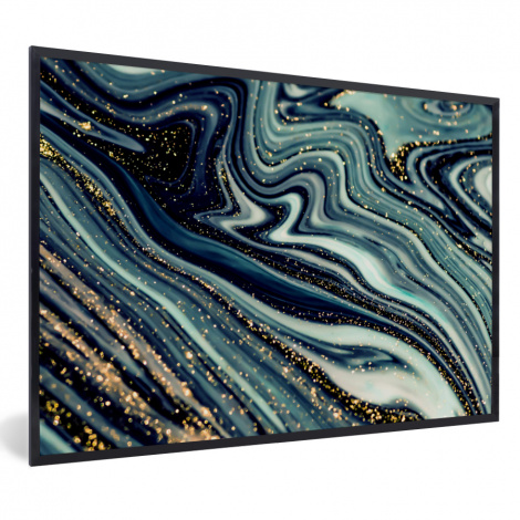 Poster mit Rahmen - Marmor - Gold - Blau - Glitter - Marmoroptik - Abstrakt - Horizontal-1