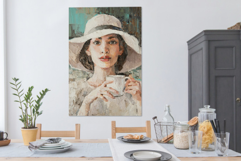 Canvas - Schilderij - Olieverf - Vrouw - Koffie - Hoed-4