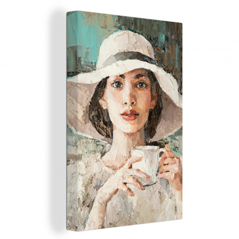 Canvas - Schilderij - Olieverf - Vrouw - Koffie - Hoed