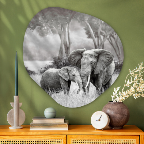 Organisch schilderij - Baby olifant met haar moeder in zwart-wit-thumbnail-3