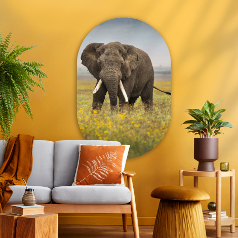 Muurovaal - Grazende olifant in een grasveld met bloemen-thumbnail-3
