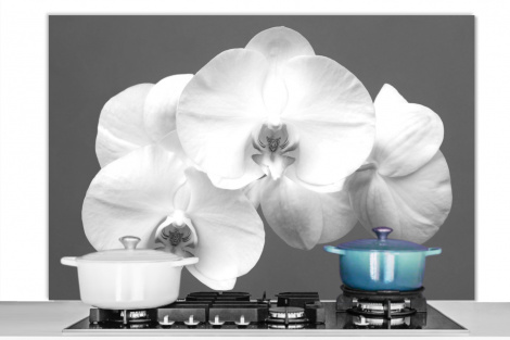 Spatscherm keuken - Witte orchidee - zwart wit-1