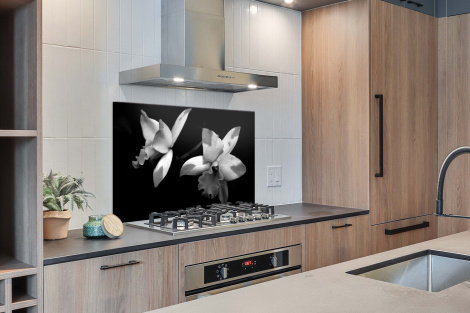 Spatscherm keuken - Twee orchidee bloemen - zwart wit-thumbnail-2