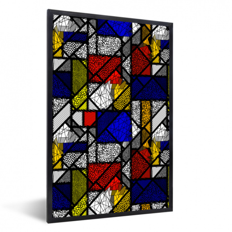 Poster met lijst - Mondriaan - Glas in lood - Oude Meesters - Kunstwerk - Abstract - Schilderij - Staand-1
