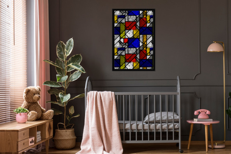 Poster met lijst - Mondriaan - Glas in lood - Oude Meesters - Kunstwerk - Abstract - Schilderij - Staand-3