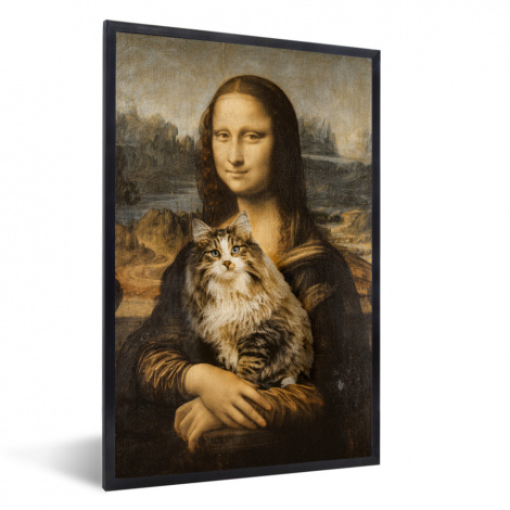Poster met lijst - Mona Lisa - Kat - Leonardo da Vinci - Vintage - Kunstwerk - Oude meesters - Schilderij - Staand-1